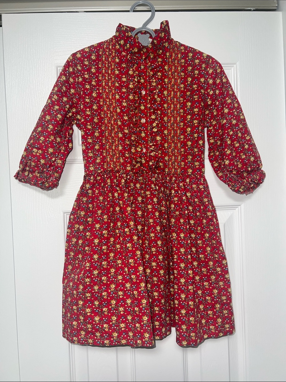 Vintage 70s Cinderella Girls Size 7 Red Floral Prairie Dress Ruffle